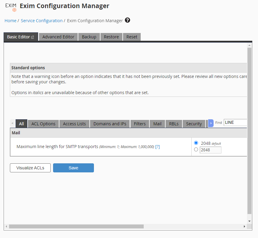 WHM Exim Mailserver Configuration for fixing "Message has lines too long for transport" error